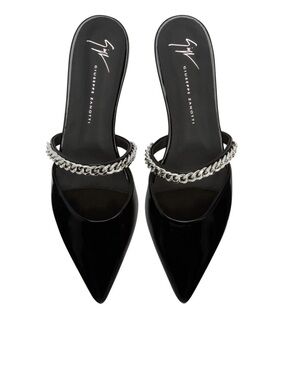 Giuseppe Zanotti Black Patent Pointed Mules with Silver Chain Trim